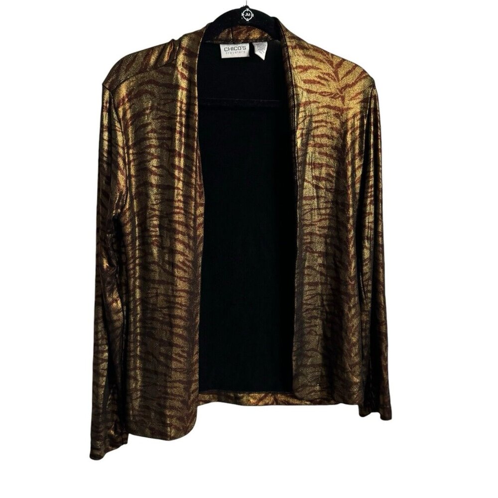 CHICO’S Traveler Jacket Bronze Animal Print Monique Tiger Coat Metallic Sz 1 S 8